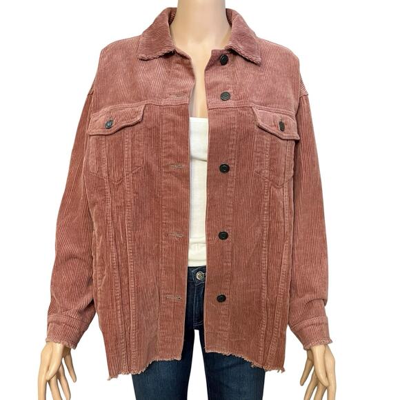 Zara Women’s Corduroy Shacket Medium Pink Frayed Hem Button Down Oversized - Picture 1 of 10